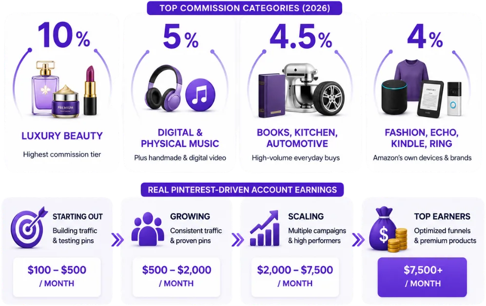 Amazon commission categories and Pinterest-driven account earnings tiers