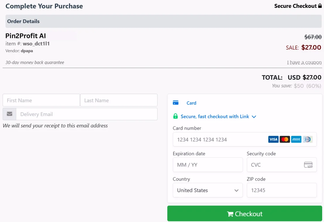 Pin2Profit AI secure checkout page screenshot